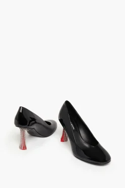 Escarpins En Cuir Verni Noir Avec Talons A Strass