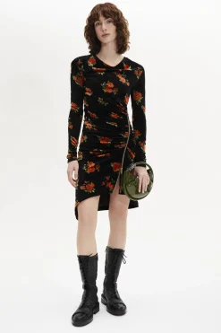 Robe Courte Asymetrique Rykiel'S Roses Imprimees Sur Velours Jersey