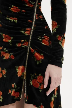 Robe Courte Asymetrique Rykiel'S Roses Imprimees Sur Velours Jersey